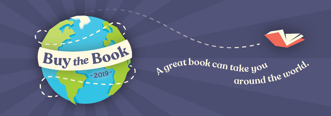 image of globe with a flying book to promote 2019 Buy the Book fundraiser