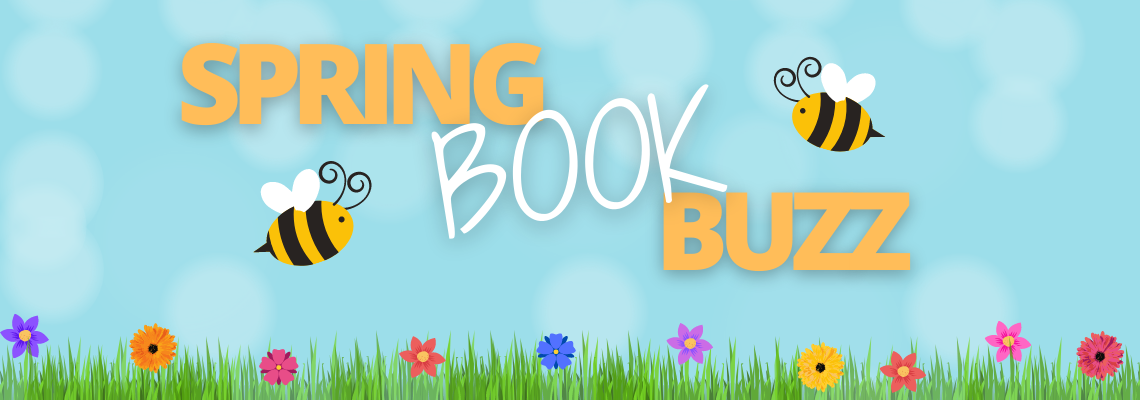 Spring Book Buzz, bees and flowers on a background of sky and grass