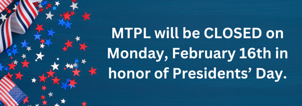 White text on a blue background with red white and blue stars. Manheim Township Public Library will be closed on Monday February 16, 2026 for President's Day.
