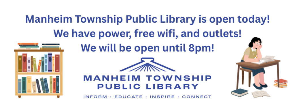 the library is open today 7/6 until 8pm. We have wifi and outlets for charging.