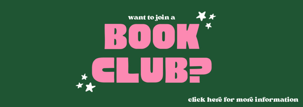 book club in pink text on green background