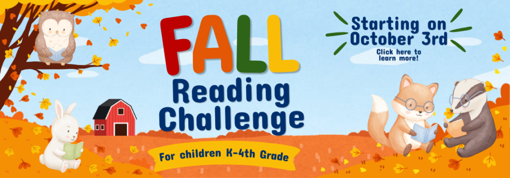 Fall Reading challenge for kids from kindergarten to 4th grade starts on October 3rd. Click to learn more. Animals reading in a fall landscape with leaves and a barn. 
